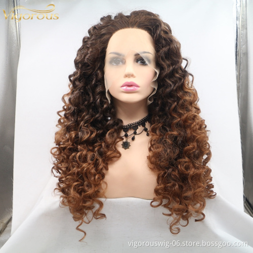 Long afro kinky curly ombre cheap wholesale high quality heat resistant synthetic wig with lace front